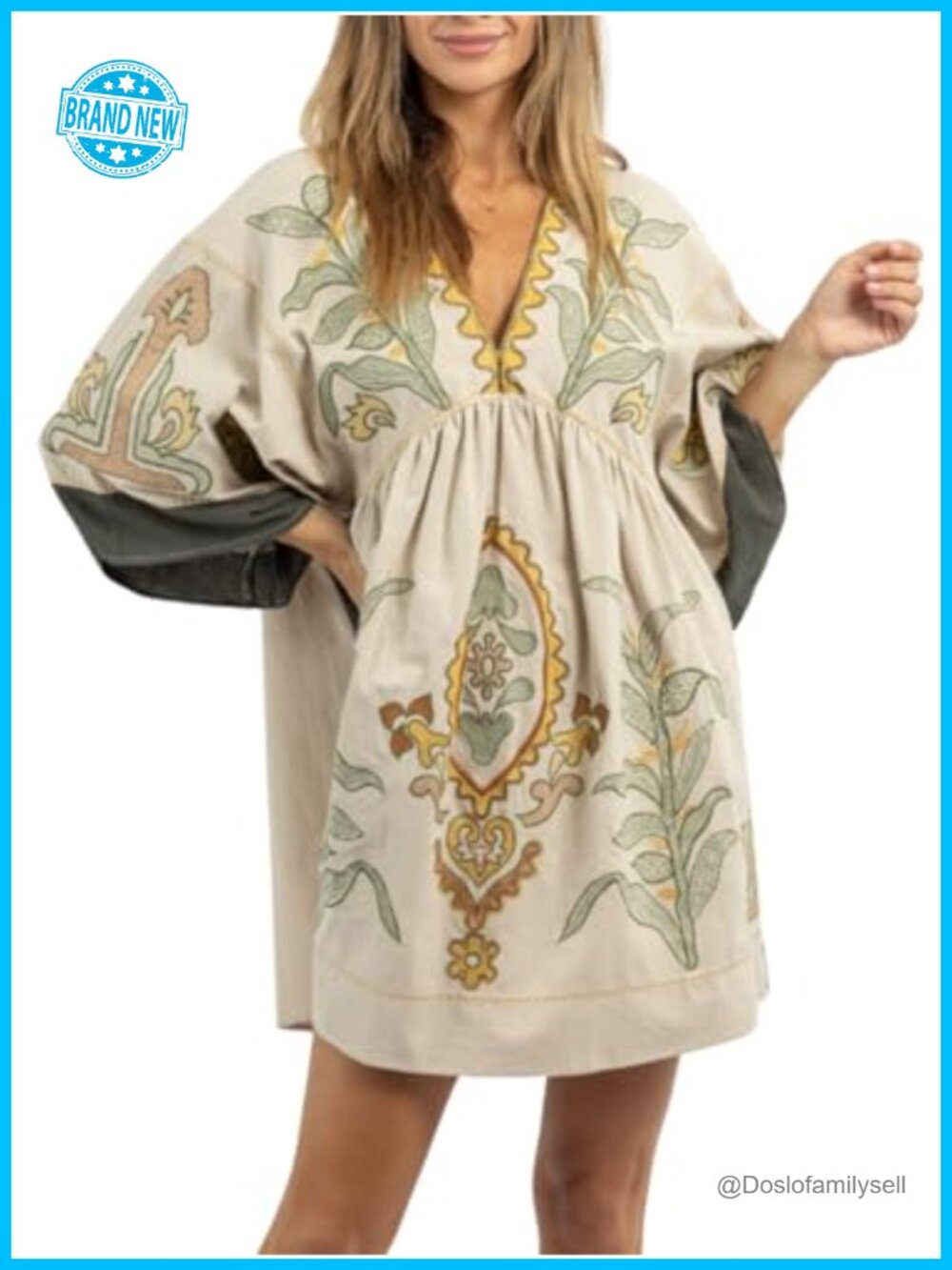 Womens Oversized Embroidered Mini Dress V-Neck 3/4 Bell Sleeve Babydoll